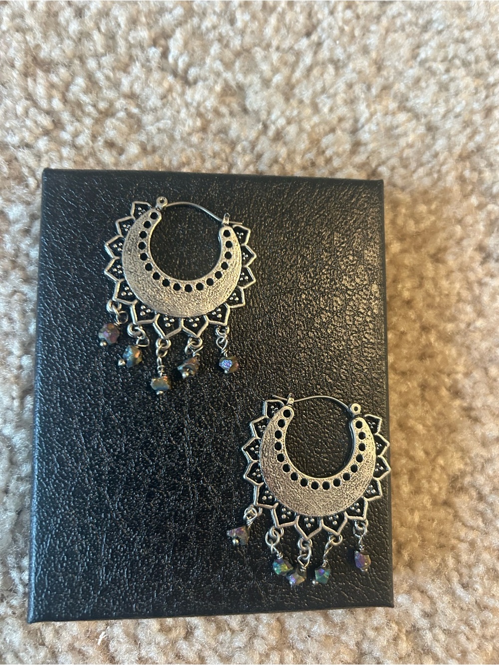 Vintage-Inspired Silver Tone Hoop Dangle Earrings with Iridescent Beads